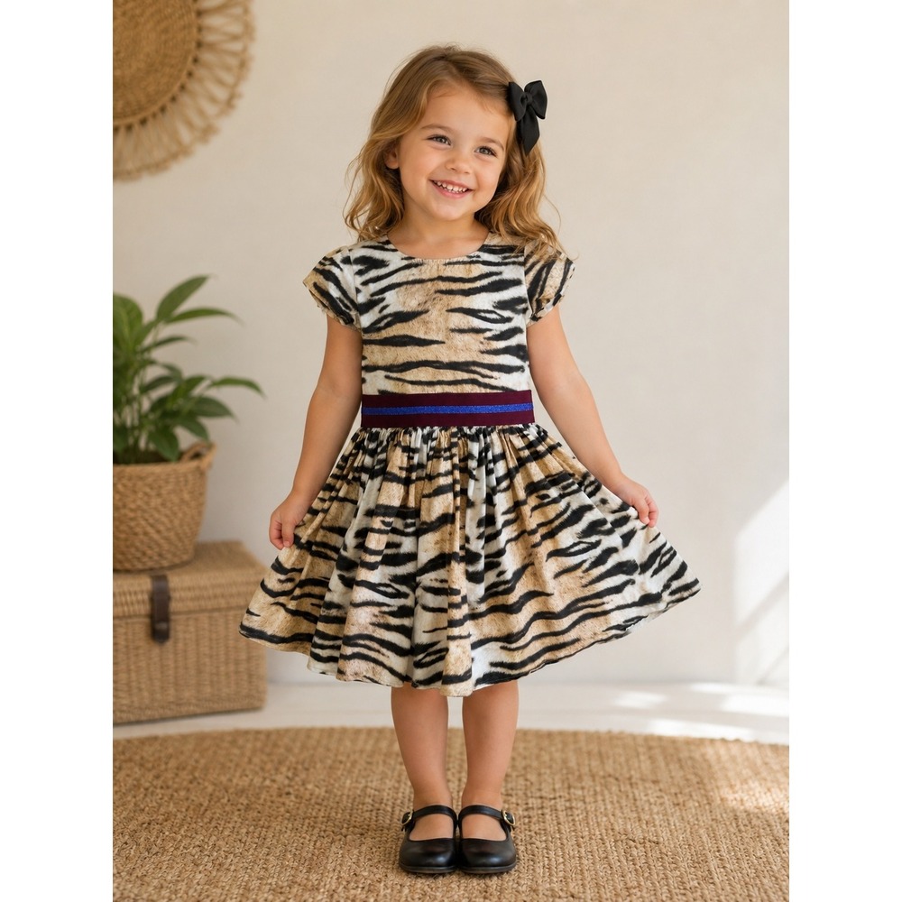 Molo Kids Candy Dress Wild Tiger Woven Animal Print Glitter Waistband 98 104
